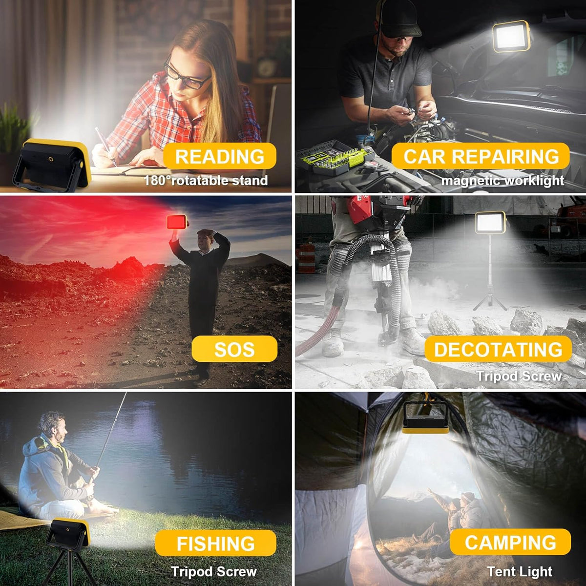 Rechargeable Work Light with Tripod Hole, 2-Pack LED Battery Work Lightings, 40W Waterproof Portable Flood Light Cordless Job Site Lighting 180° Rotate for Garage Camping Car Repairing
