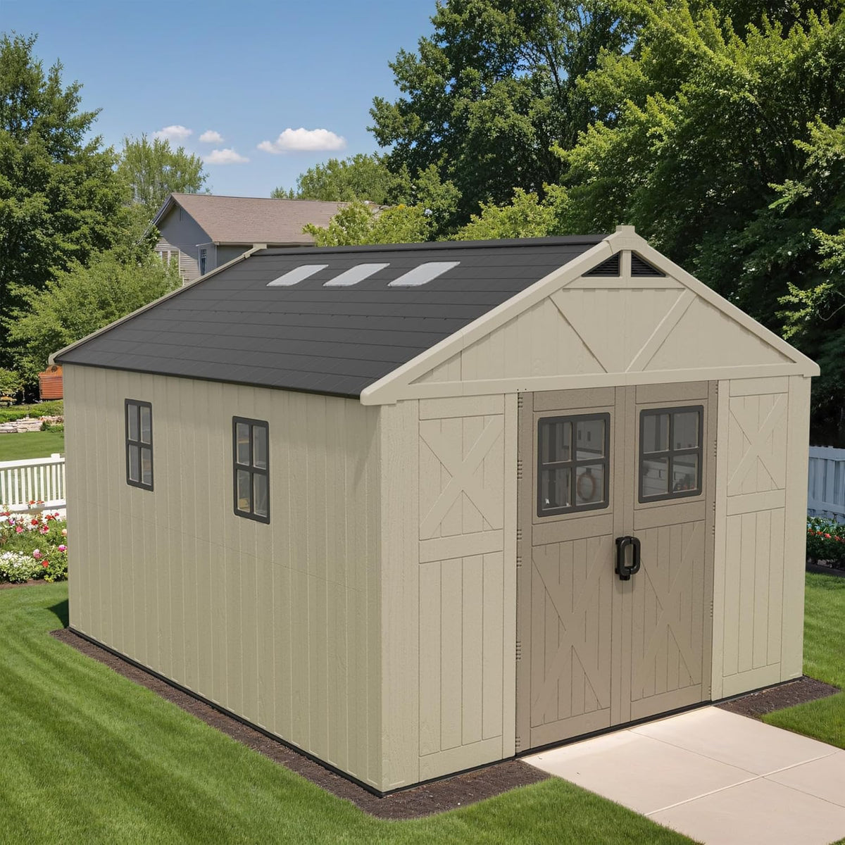 Devoko 10 x 12 FT Plastic Outdoor Storage Shed with Windows, Resin Tools Shed with Floor Large Storage Garden Shed for Patio,Garden, Backyard, Lawn, Beige