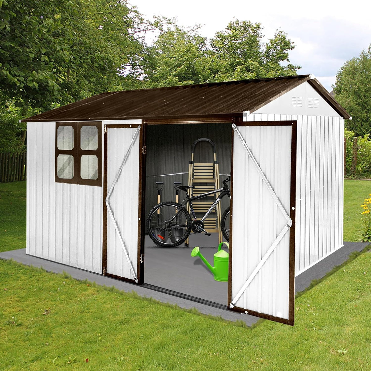 8x10 FT Outdoor Storage Shed, Metal Garden Shed with 4-pane Window, Outside Tool Shed with Lockable Hinged Doors & 4 Air Vents, Waterproof Storage Building for Backyard, Patio, Lawn, White+Coffee