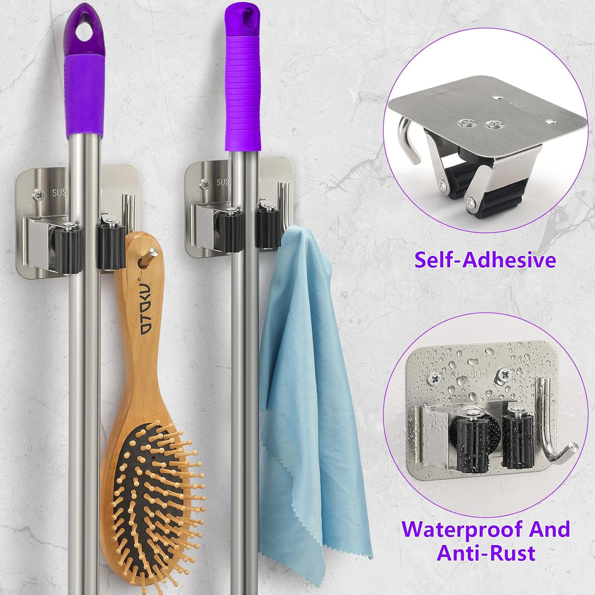 Broom Holder Wall Mount Screw Drilling, Sturdy Heavy Duty Stainless Steel Mop Gripper Rack Perforated, Perfect for Laundry Room Organizer, Fit with Laundry Kitchen Garage Garden Storage System