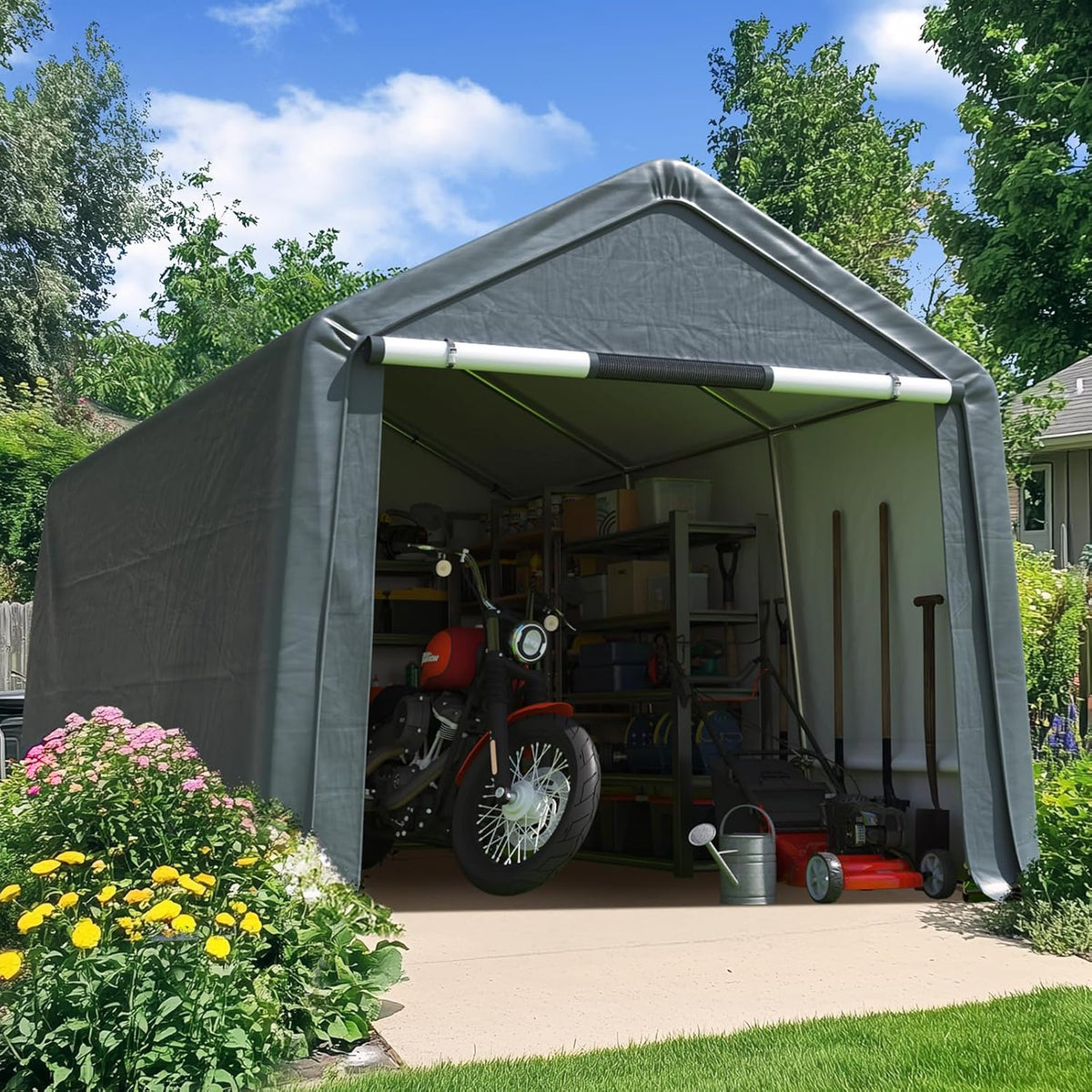 Quictent Heavy Duty 8x14FT Carport Shelter with Roll-Up Mesh Windows & Reinforced Frame, Portable Garage Canopy for Motorcycle Storage, Outdoor Equipment, Patio Furniture Cover - Dark Gray
