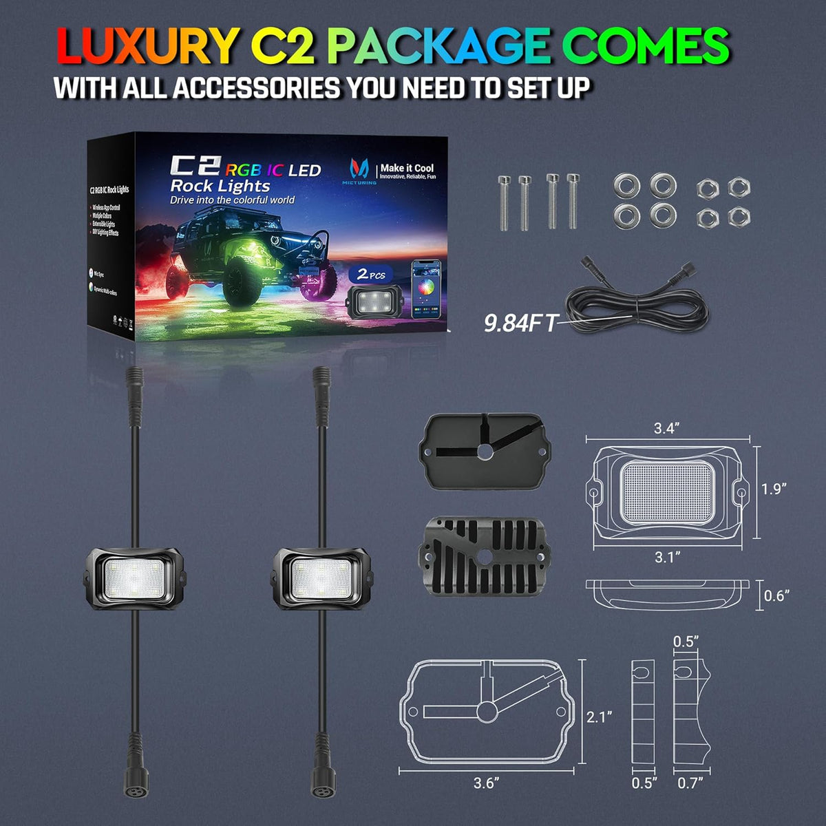 MICTUNING C2 Max RGB+IC Chasing Color LED Rock Lights - 2 pcs (Not inlcude Controller)