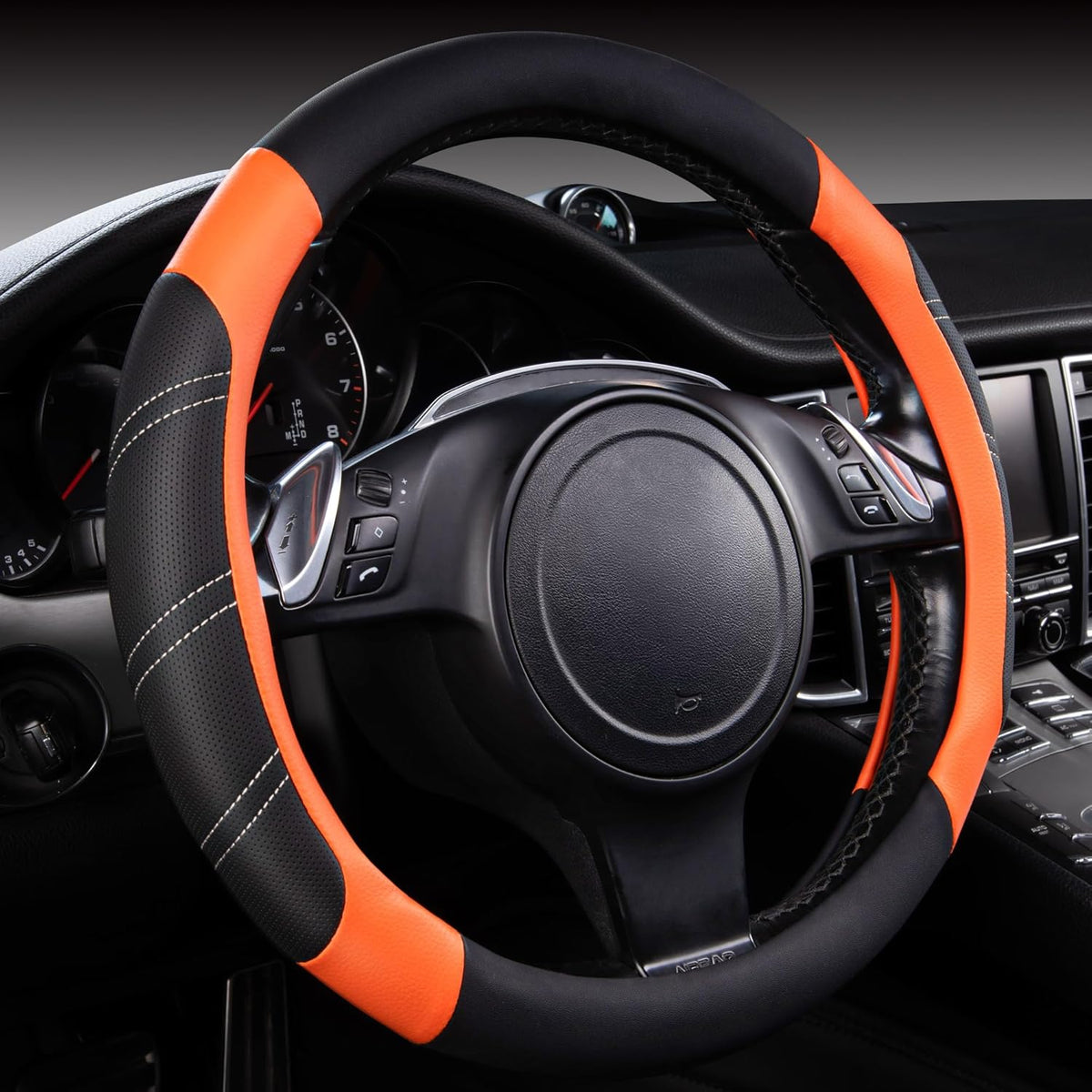 CAR PASS Line Rider Microfiber Leather Sporty Steering Wheel Cover Universal Fits for 95% Truck,SUV,Cars,14.5-15inch Anti-Slip Safety Comfortable Desgin (Black-Orange)