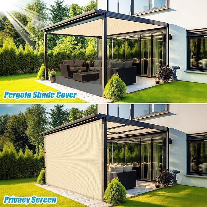 Amagenix 90% Pergola Shade Cover 7' X 9' Sun Shade Cloth with Grommets for Outdoor Garden Patio Porch, Commercial Grade 200 GSM - Cable Zip Ties Included (We Customized) GN108, Wheat