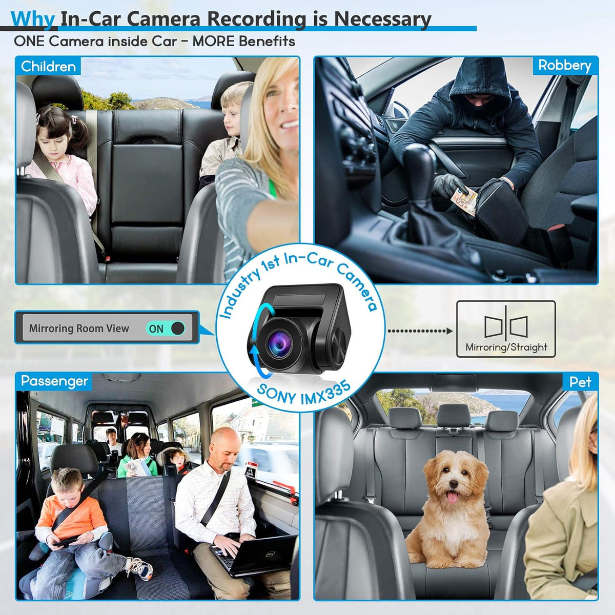 PORMIDO Triple Mirror Dash Cam 12" with Detached Front and in-Car Camera,Waterproof Backup Rear View Dashcam Anti Glare 1296P IPS Touch Screen with Sony Sensor,Starvis Night Vision,GPS,Parking Assist
