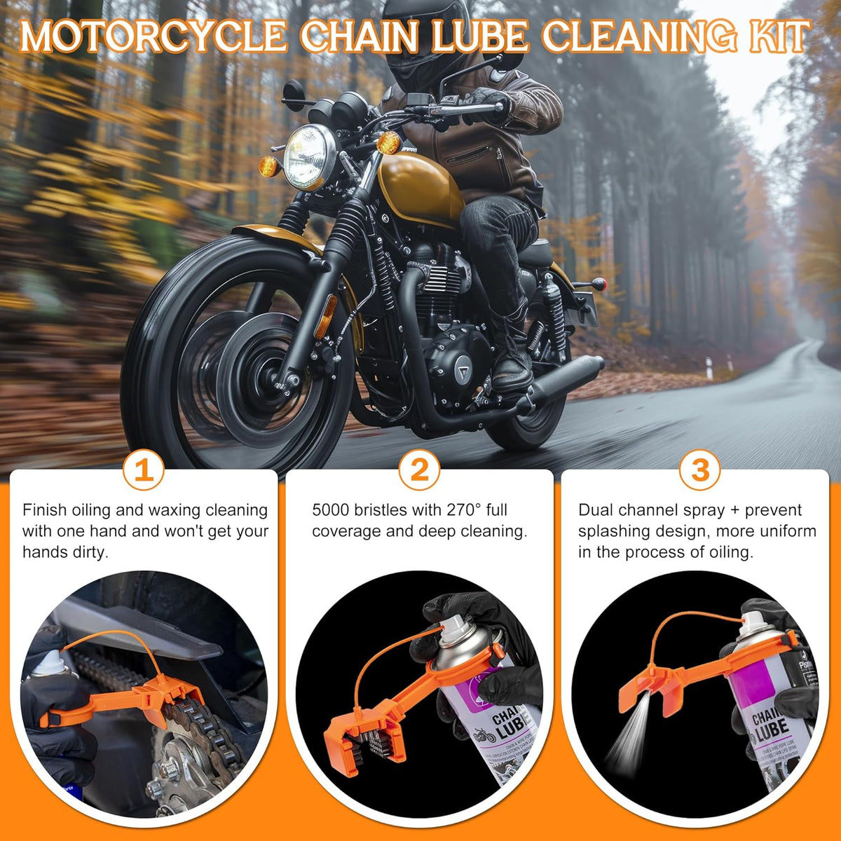 Motorcycle Chain Cleaning Kit Chain Oiler Chain Lube Tool with Gloves and Towel for Motorcycle and Bicycles Chain Brush Oiler Cleaning Kit Fits for 428 520 525 530 Chains(Cleaner Not Included)