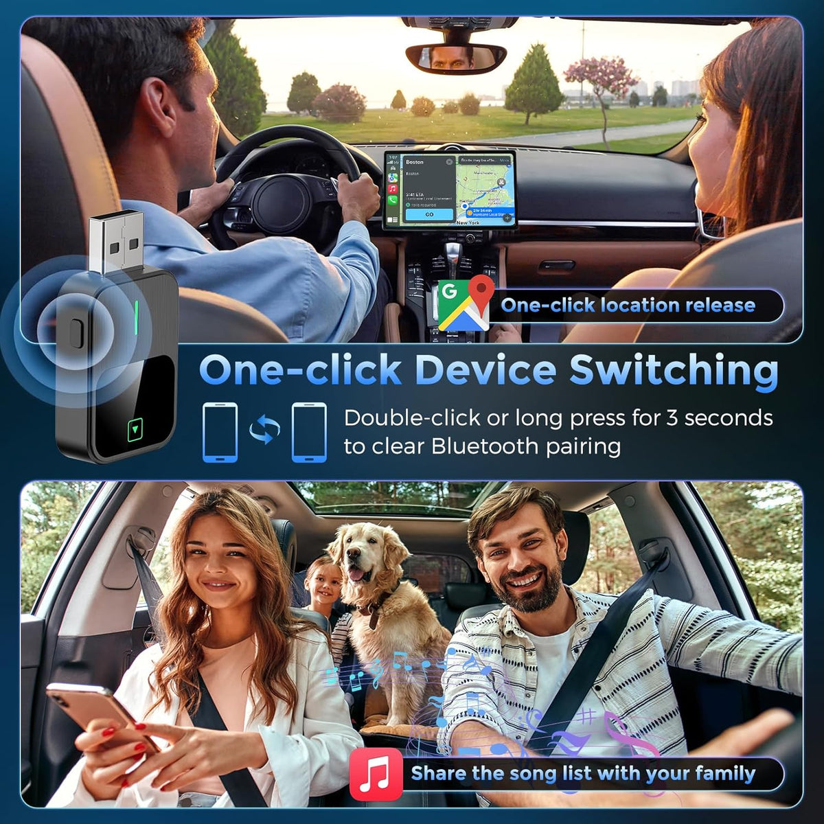 2-in-1 Wireless CarPlay & Android Auto Adapter with 1-Tap Switch & Reset, Wired to Wireless, Plug & Play USB/Type-C Dongle, Auto Connect, No Delay, Apple Car Play Wireless Adapter for iPhone & Android