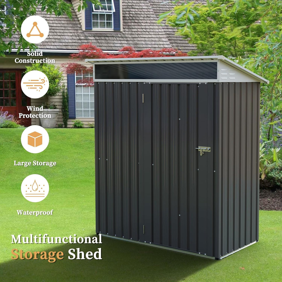 Vongrasig 5 x 3 x 6 FT Outdoor Storage Shed Clearance, Metal Garden Shed with Large Window and Lockable Door, Anti-Corrosion Waterproof Tool Shed for Backyard Patio, Lawn (Dark Gray)