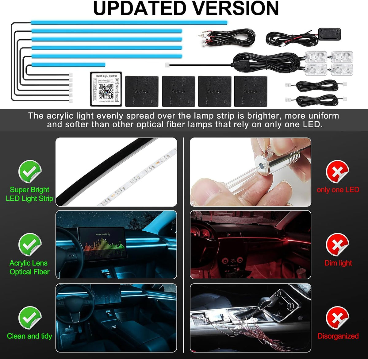 Acrylic Interior Car LED Strip Light with Wireless APP, RGB 10 in 1 with 175 inches 612 LEDs Fiber Optic Car Ambient Lighting Kits, Dynamic Music Sync Neon LED Strip Lights for Car
