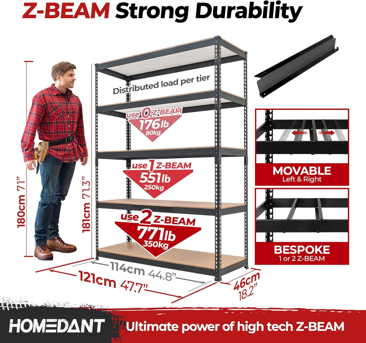 HOMEDANT 5 Tier Laminated Boltless Heavy Duty Garage Storage Adjustable Wide Size Metal Shelving Unit Utility Rack Shelves Organization Shelf Shed Warehouse 47.7" W x 18.2" D x 71.3" H 10Pack