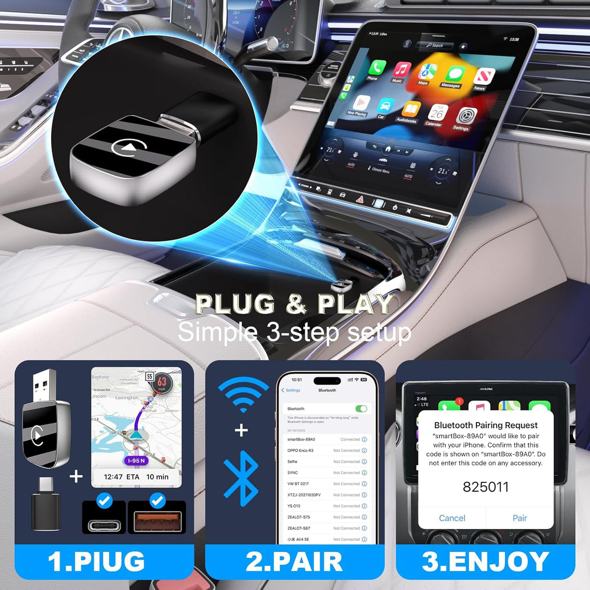Wireless CarPlay Adapter-Mini Edition,Convert Factory Wired to Wireless Apple CarPlay Dongle,Includes USB-A to USB-C Adapter,Fast Stable Connection Plug Play Car Play Dongle for iPhone iOS 10+（Black）