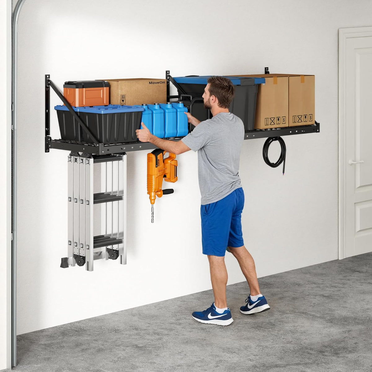 FLEXIMOUNTS 4-Pack 2x4ft Garage Wall Shelving - Heavy Duty Garage Storage System, 880 lbs Load Capacity with Brace Guardrail, Organization for Tools, Heavy Bins, Sports Equipment, Utility Room