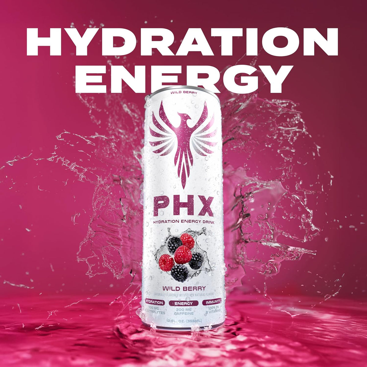 PHX Hydration Energy Drink - 700mg Electrolytes, 200mg Natural Green Tea Caffeine, 100% Daily Value 8 Essential Vitamins - 12 oz Cans (12 Pack) (12 Pack, Wild Berry)