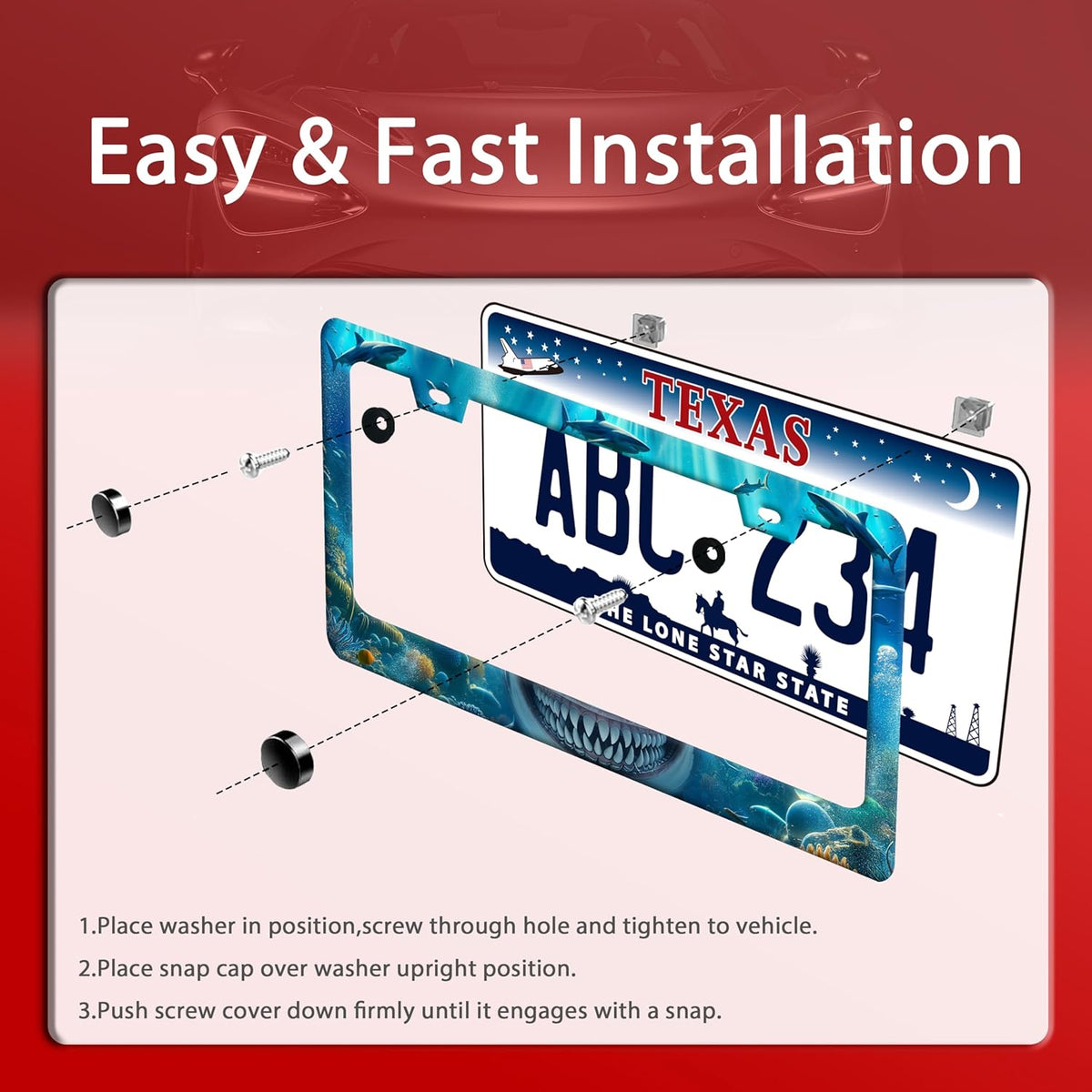 Shark License Plate Frame Ocean Marine Fish License Plate Holder Funny Stainless Steel Accessories Cars Decor with 2 Holes and Screws Fits Standard Us Ca Vehicles License Plate Frames 12.2 X 6 Inch