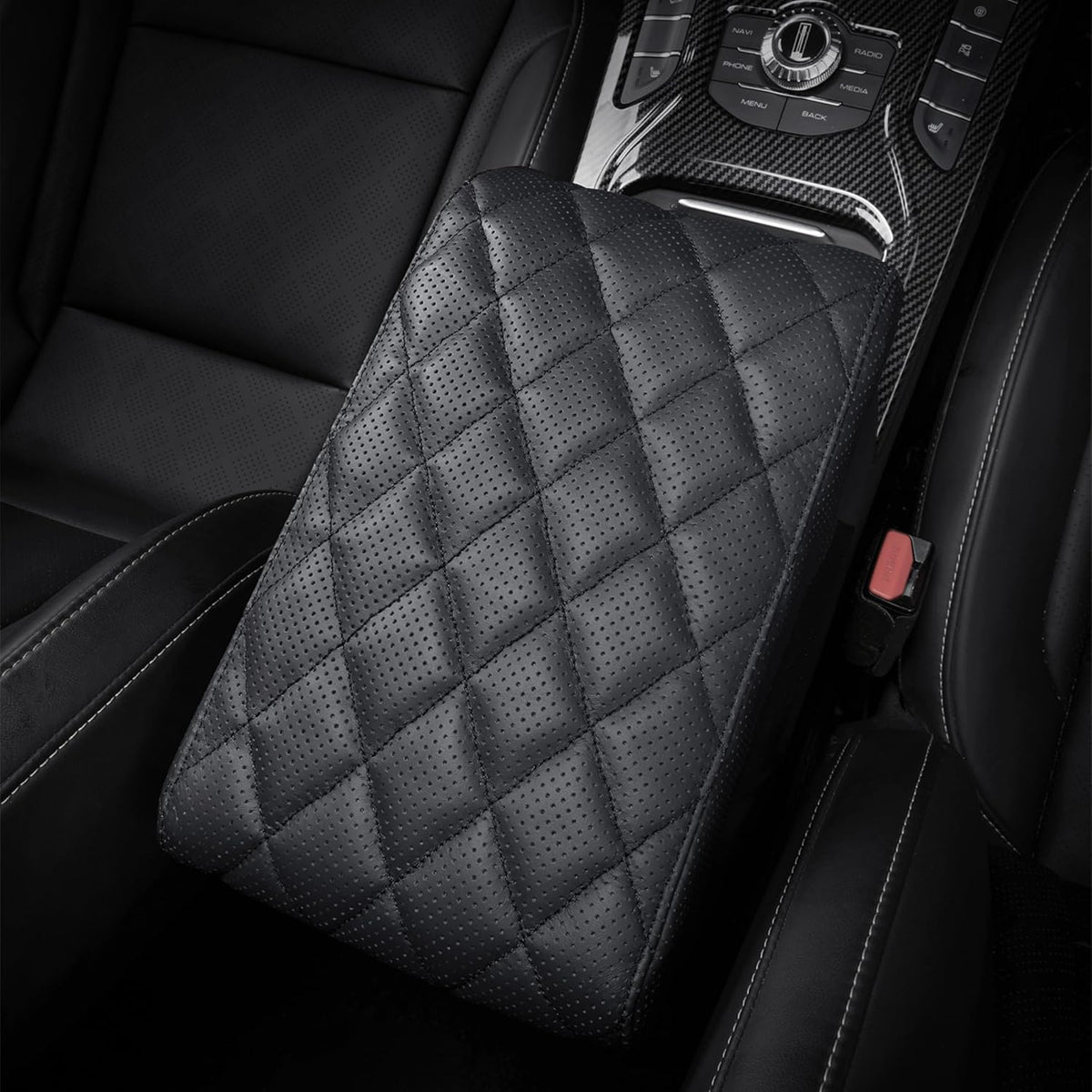 Car Center Console Cover pad Genuine Cowhide Leather,Black Armrest Box mat, Vehicle Arm Rest Cushion Protector,Memory Foam true cow Leather,Consoles Hand Rest Pillow(sizeC 15 x 10 x 2.2 inch)