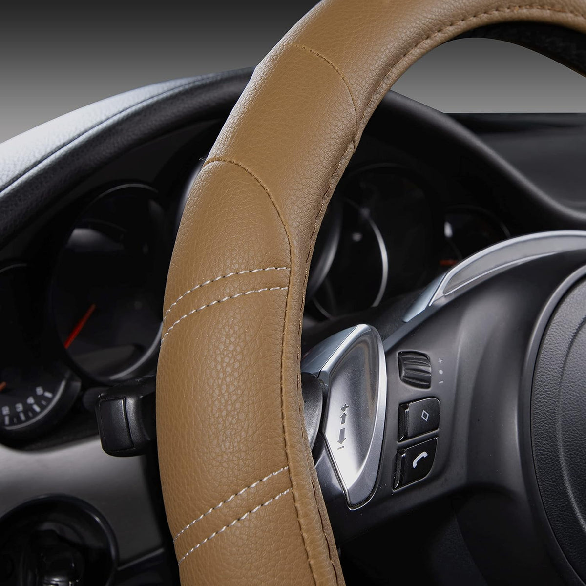CAR PASS Line Rider Microfiber Leather Sporty Steering Wheel Cover Universal Fits for 95% Truck,SUV,Cars, Anti-Slip Safety Comfortable Desgin (Pure Brown)