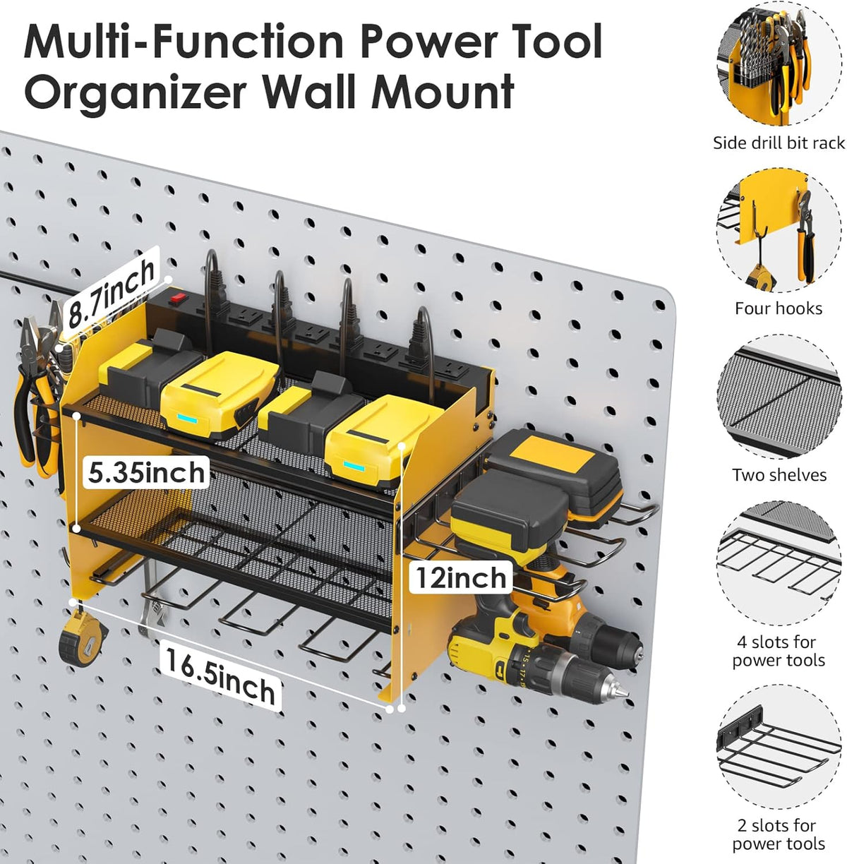CCCEI Modular Power Tool Organizer Wall Mount Charging Station, Yellow 6 Drills Holder with 8 Plug Power Strip, Garage Drill Battery Heavy Duty Metal Shelf, Utility Rack with Hooks, Side Storage.