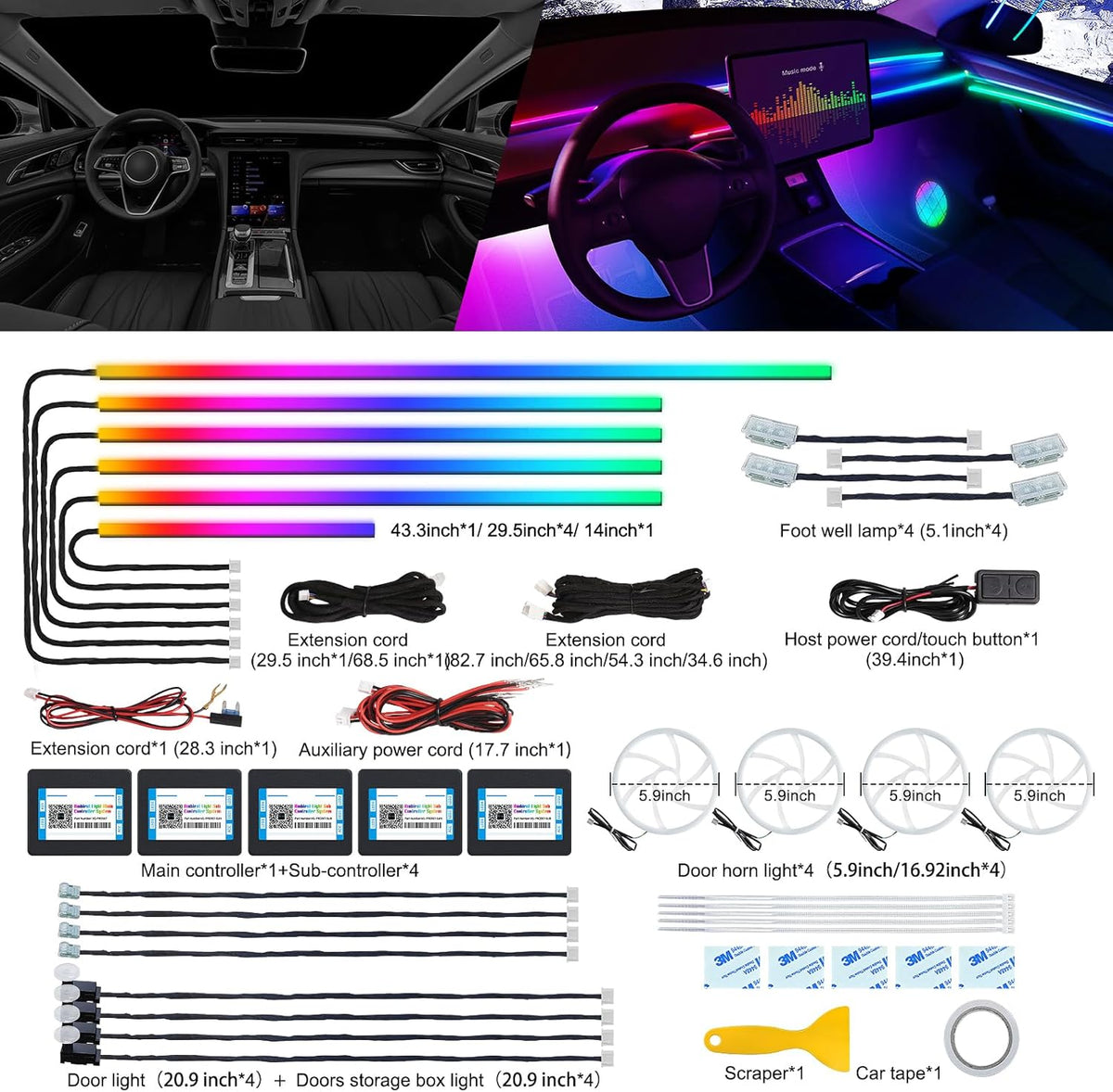 Dreamcolor Acrylic Interior Car LED Strip Light with Wireless APP, RGB 22 in 1 with 175 inches 600 LEDs Fiber Optic Car Ambient Lighting Kits, Dual Zone Sound Active Function LED Strip for Car