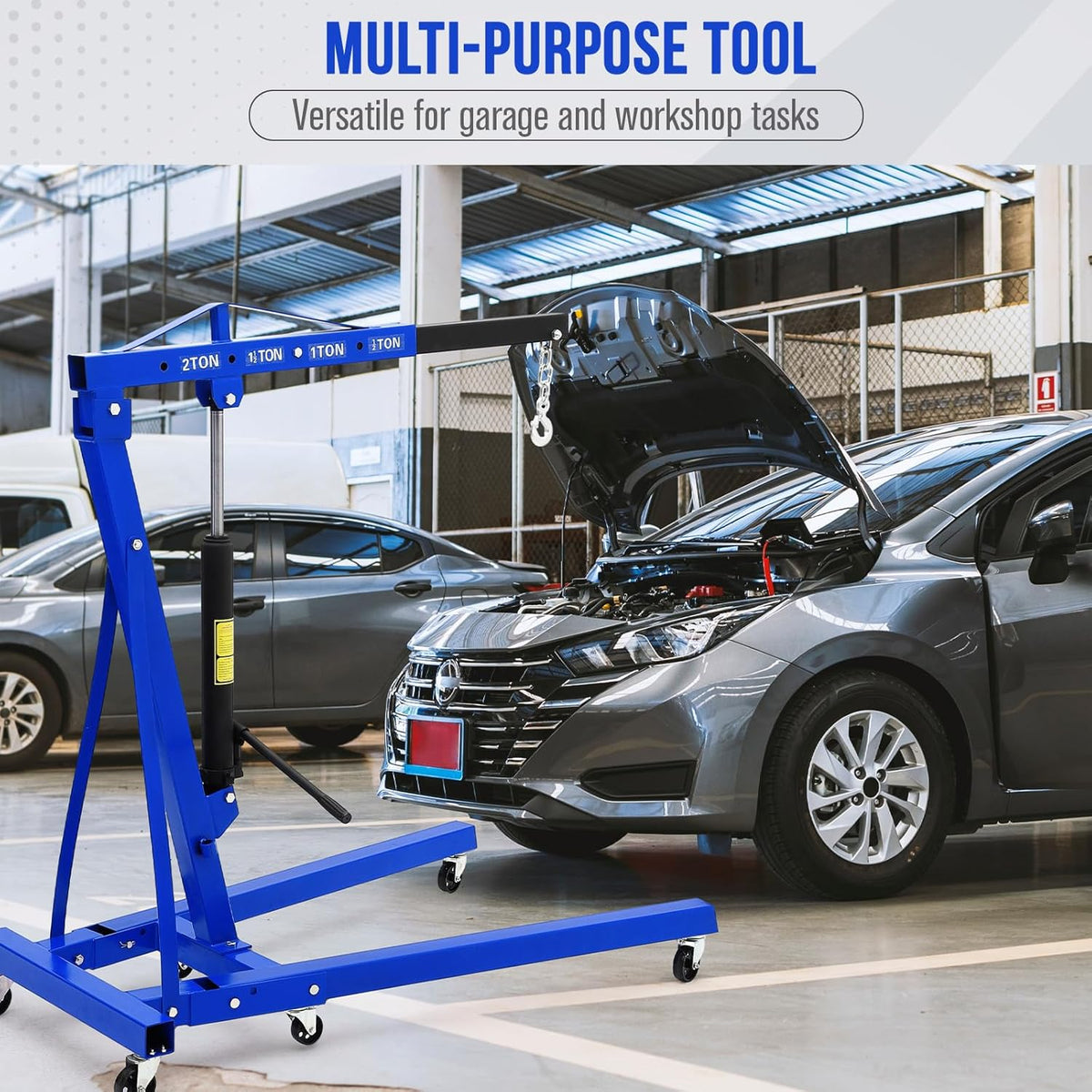 2 Ton Engine Hoist, Hydraulic Cherry Picker Engine Hoist Lift, 4400LBS Heavy Duty Crane Lifter with 6 Casters and Telescopic Boom, Foldable & Portable Design, for Garage, Workshop, Warehouse (Blue)