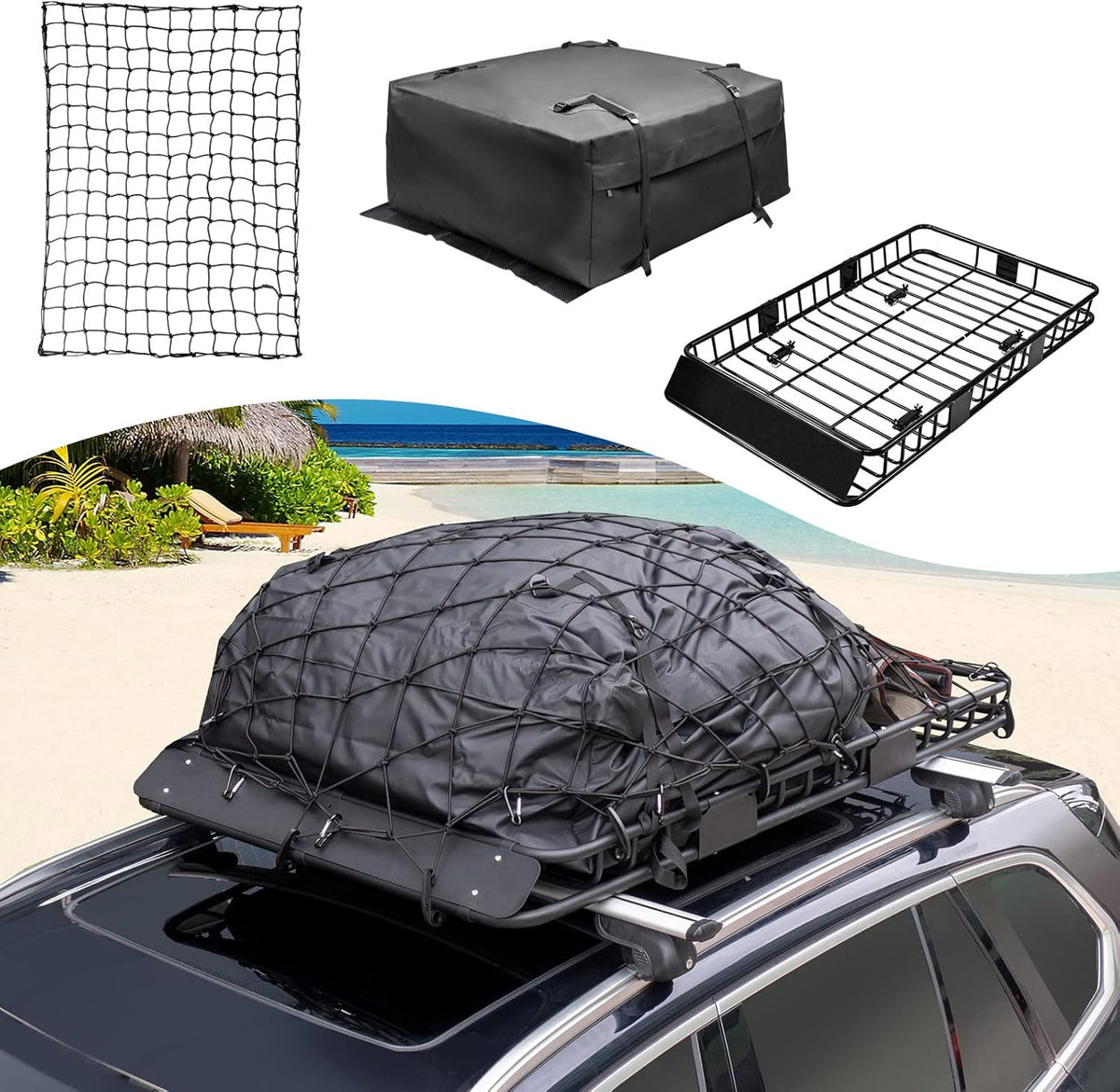 Leader Accessories Roof Rack Cargo Basket Set, Cargo Carrier Bag 15 Cubic Feet Capacity with Car Top Luggage Holder Adjustable Length 43/64 inches Cargo Net 3' x 4' for SUV, Van, Sedan,Jeep