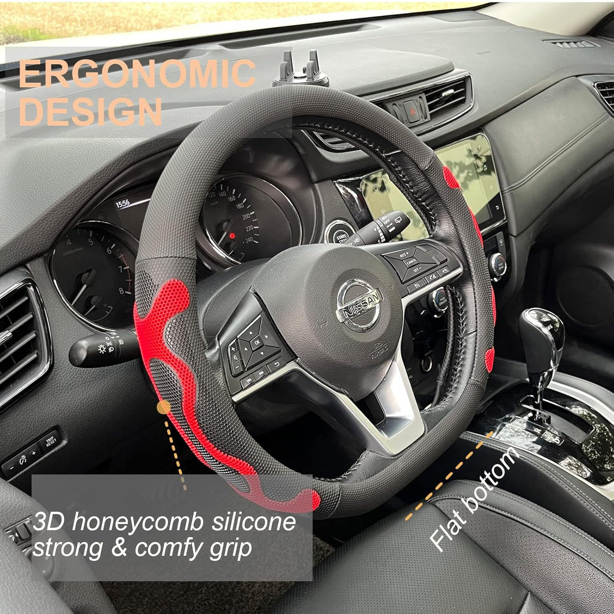 PINCTROT D Shaped Comfy Grip Steering Wheel Cover, Anti-Slip Design, Flat Bottom 14.5-15 Inch(Silicone Red)