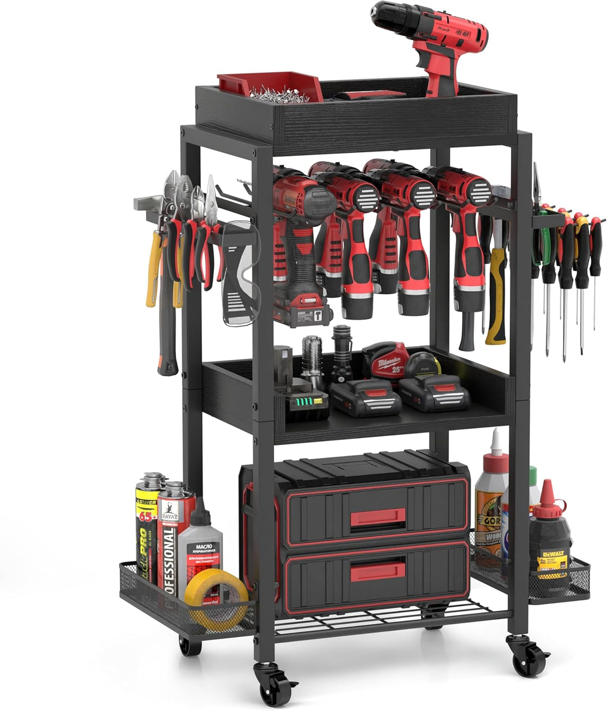 DEWALT Power Tool Organizer - Garage Storage Shelving with Rolling Cart & Open Tool Chest Cabinet Box Organizer with Wheels - Workshop & Gift Ideas for Men, Dad