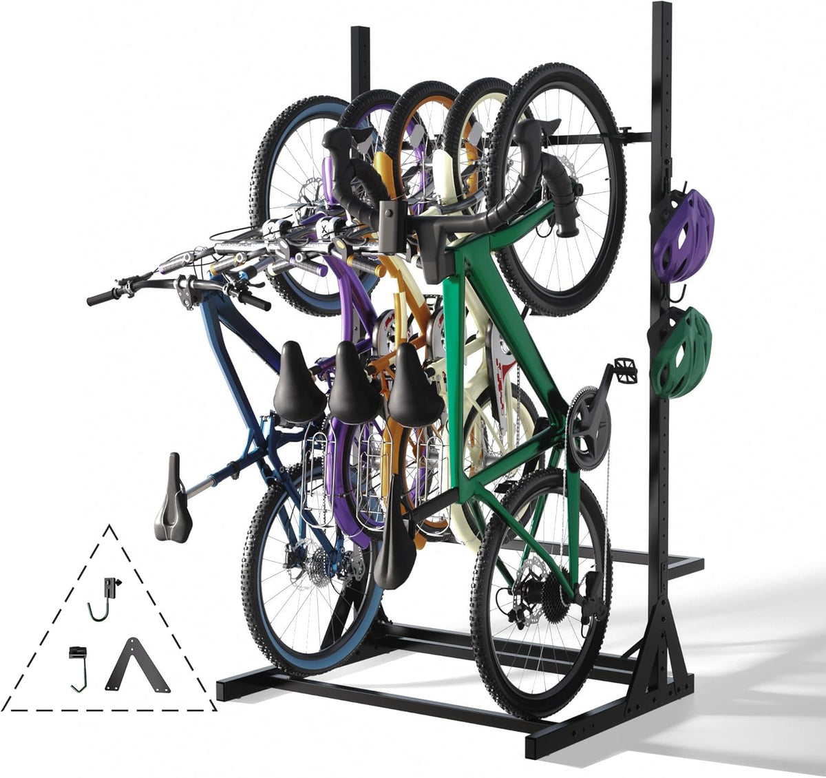 JWX Freestanding 5 Bike Rack, Heavy Duty Floor Bike Stand with Triangle Support Panels, Adjustable Rubber-Coated Hooks, Gear Accessory Holders, Easy Assembly