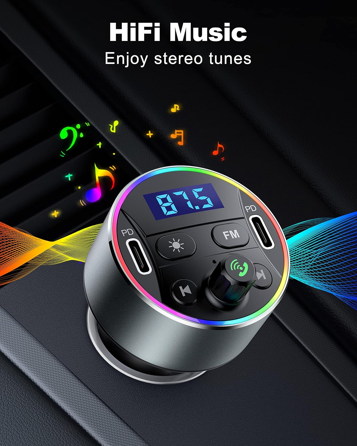 Dual PD 40W Type-C USB Car Charger Bluetooth Car Adapter Bluetooth 5.3 FM Transmitter for Car with Microphone & HiFi Sound MP3 Music Player Radio Audio Receiver Support Hands-Free Calling