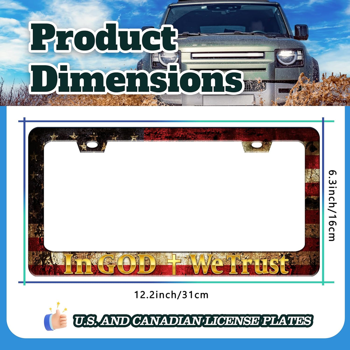 in God We Trust License Plate Frame Cross American Flag for Front or Rear Car Tags Stainless Steel License Plate Holder Funny Car Decoration with Screws 6.3 X 12.2 in