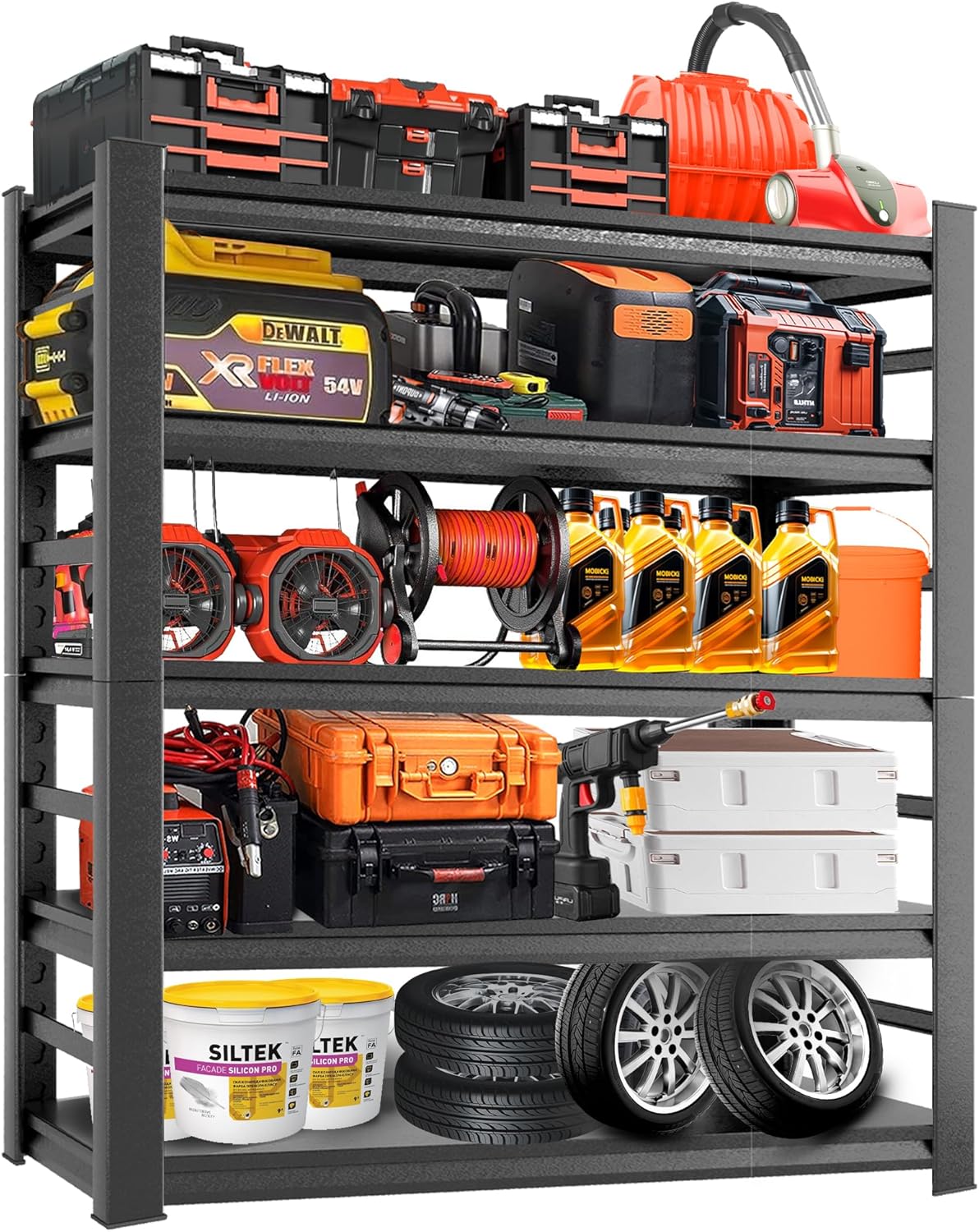 Adjustable Heavy Duty Metal Garage Shelving Unit with Fence, 5-Tier Storage Rack for Garage, Basement, or Warehouse, Durable Steel Shelves for Tools & Equipment, 63" H x 32" W x 16" D, Black