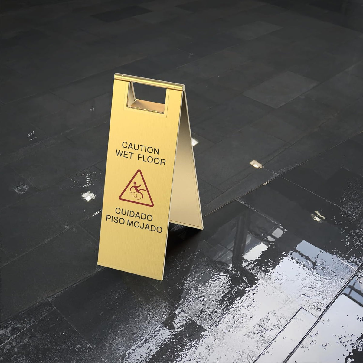 Stainless Steel Wet Floor Sign 2 Pack, 24 Inch Double-Sided Foldable Caution Sign with Handle, 8.8 lb Bilingual Warning for Restaurant, Office, Commercial Cleaning Use, Gold