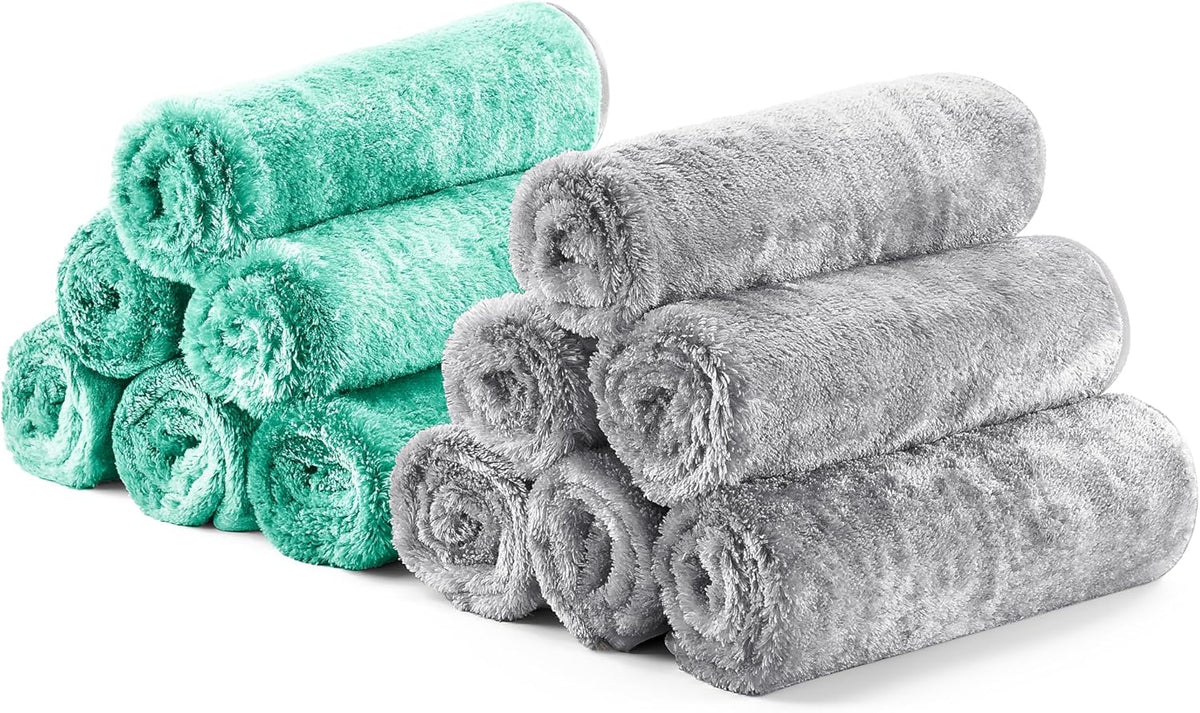 Fantasticlean Microfiber Car Detailing Towels, Car Drying Towel with Edge, Plush, Coral Fleece, 700GSM, 16" x 16", 12 Pack, Scratch-Free, Ultra Absorbent, Car RV Boat Home Cleaning (Grey and Green)