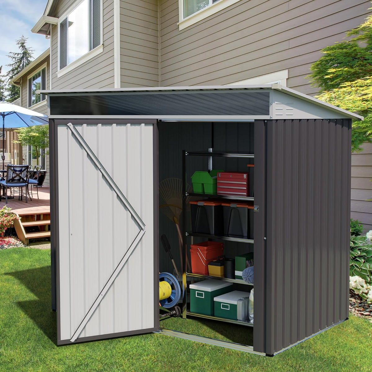 Vongrasig Outdoor Storage Shed, 6 x 4 FT Outside Metal Garden Shed with Window and Lockable Door, Waterproof Tool Shed for Backyard Patio, Lawn and Garden (Dark Gray)
