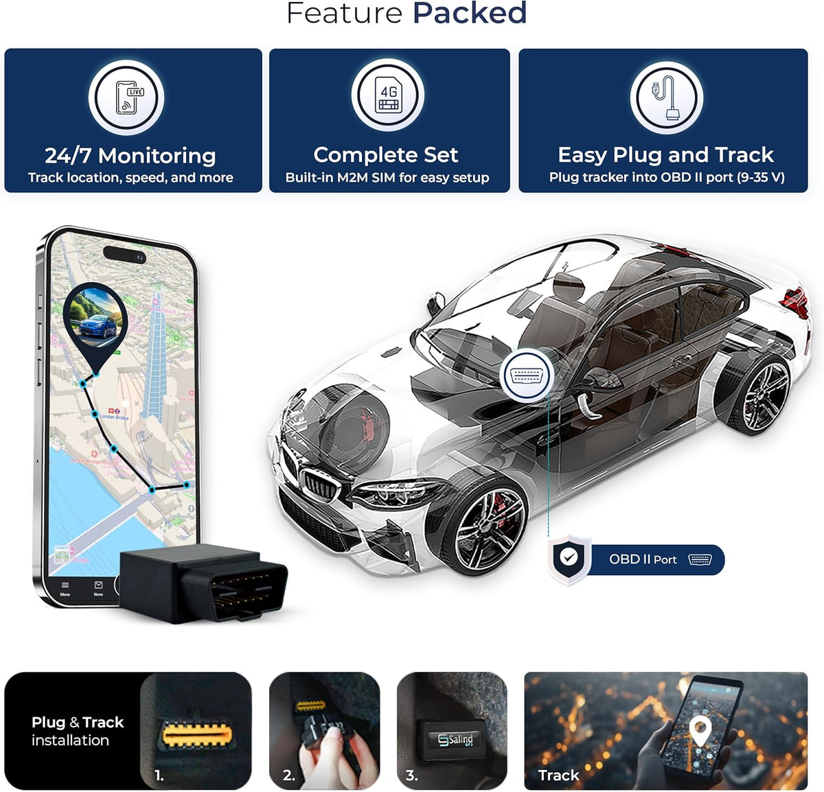 Salind GPS 4G LTE OBD 9-35V Fleet and Vehicle Tracker – Hidden Car, Truck, Trailer Locator with Real-Time Monitoring, Route History, Mileage, GeoFence, Compact Splash Proof Design, Fixed Connection