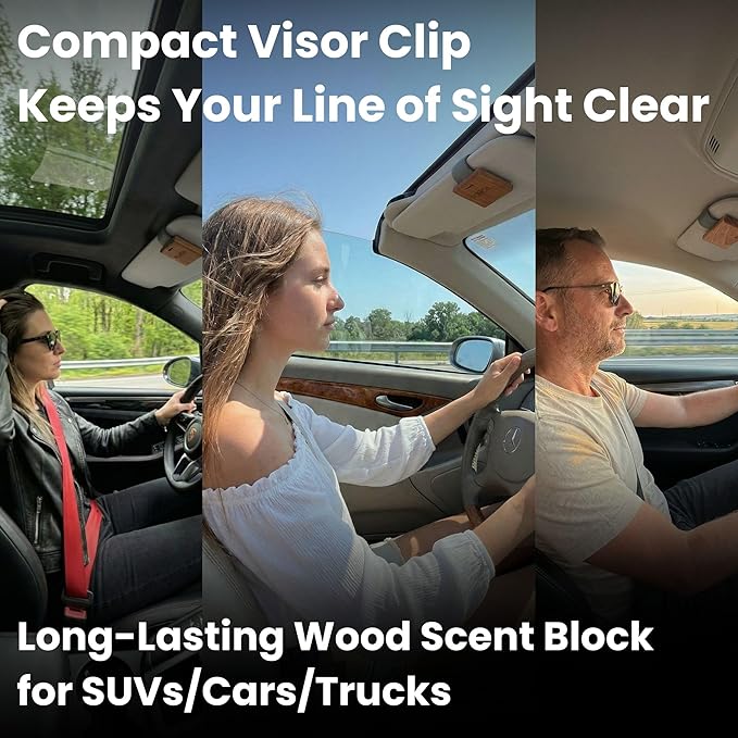 Car Air Freshener Wood 3 Pack — Refillable Solid Diffuser, North American Alder Scent, Leather Visor Clips — No Liquid Odor Eliminator for Cars, Trucks, SUVs