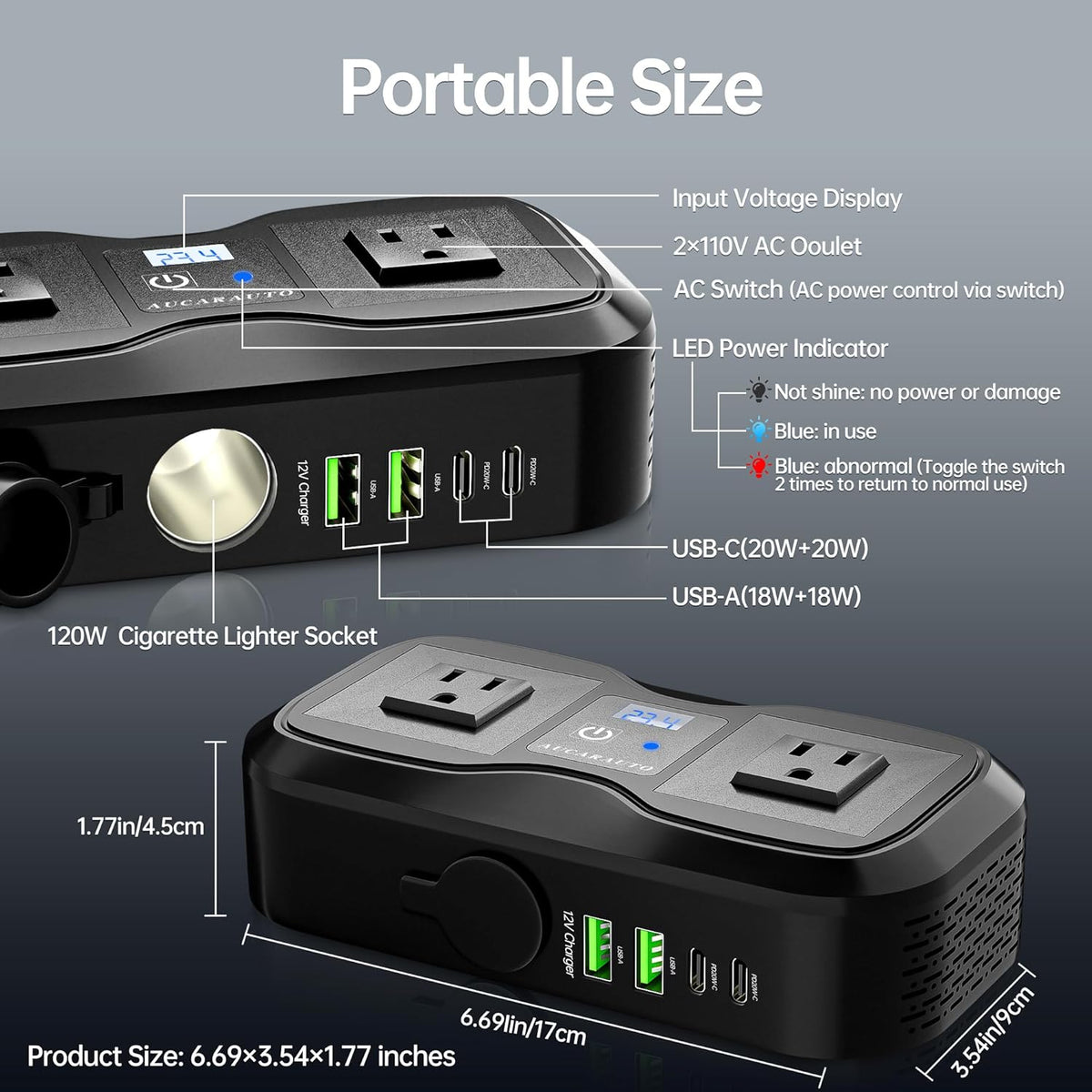 7 in 1 Car Power Inverter, 200W DC 12V to 110V AC Car Inverter with LED Voltmeter, 4-Port PD/QC3.0 Charge, 2 Car Outlets and Cigarette Lighter Adapter USB C Car Charger for All Car Devices