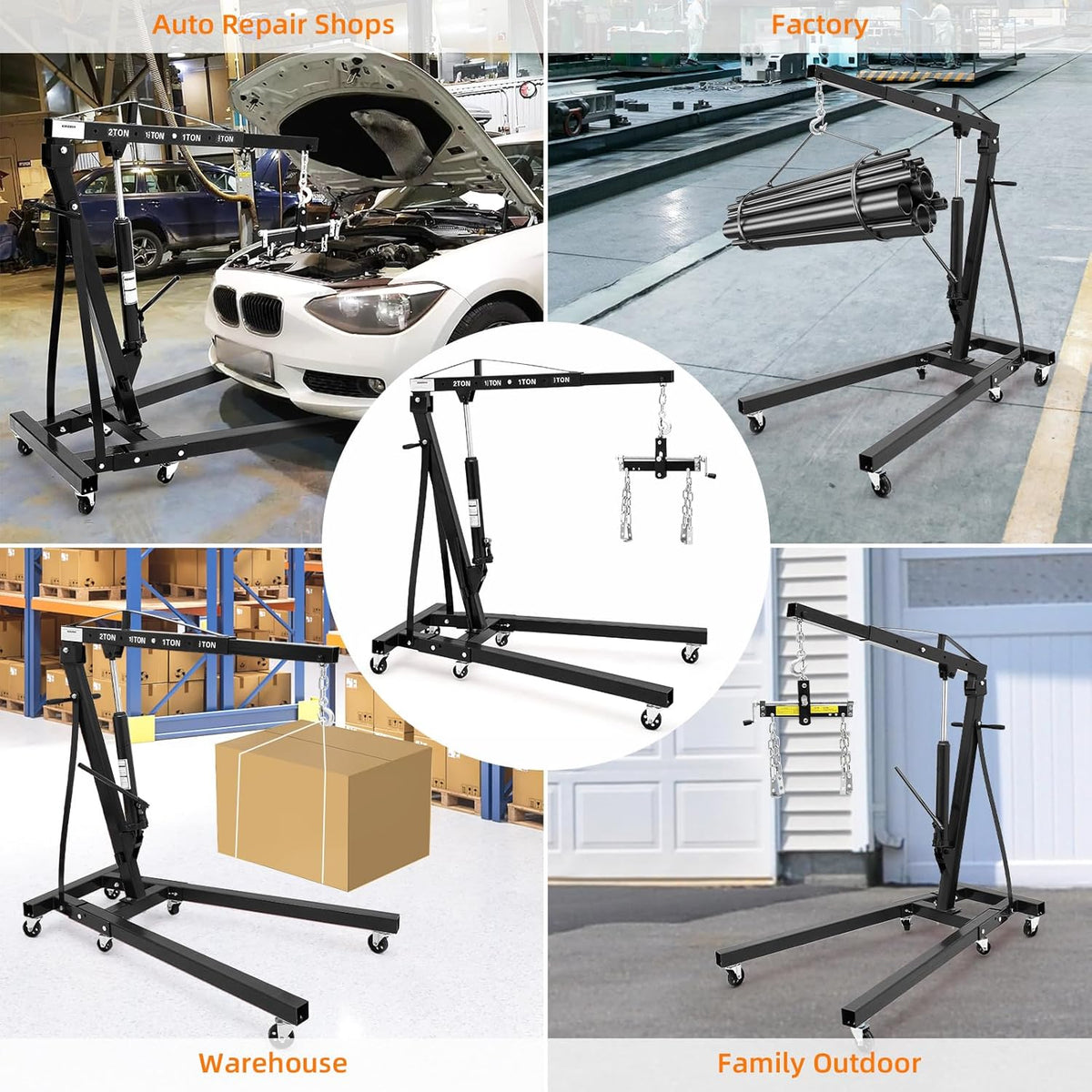 2 Ton Folding Engine Hoist with Lever, Cherry Picker Shop Crane Hoist Lift, 4400 Lbs Heavy Duty Steel Hydraulic Shop Engine Crane for Workshop and Garage, Black