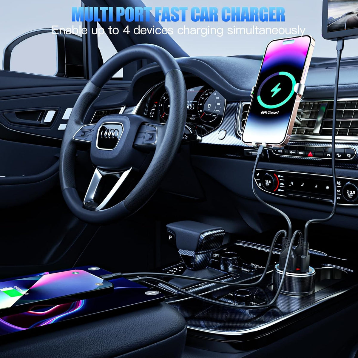 Car Charger USB C, 78W 4 Port Fast Charging Car Phone Charger Adapter, Dual USB-C & USB-A Cigarette Lighter Adapter with Voltmeter Type C Vehicle Accessories for iPhone 16 15, iPad, Samsung, Android