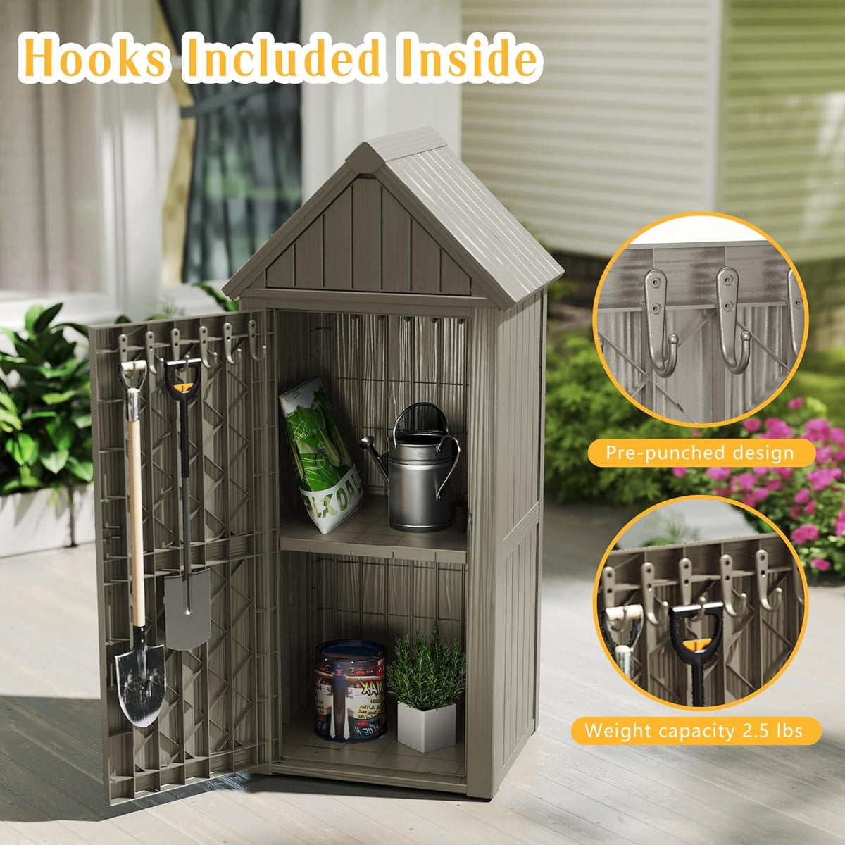 Storage Shed Outdoor Lockable,Waterproof Resin Garden Tool Shed, Heavy-Duty Weather-Resistant Cabinet for Patio, Backyard, or Garage (Grey)