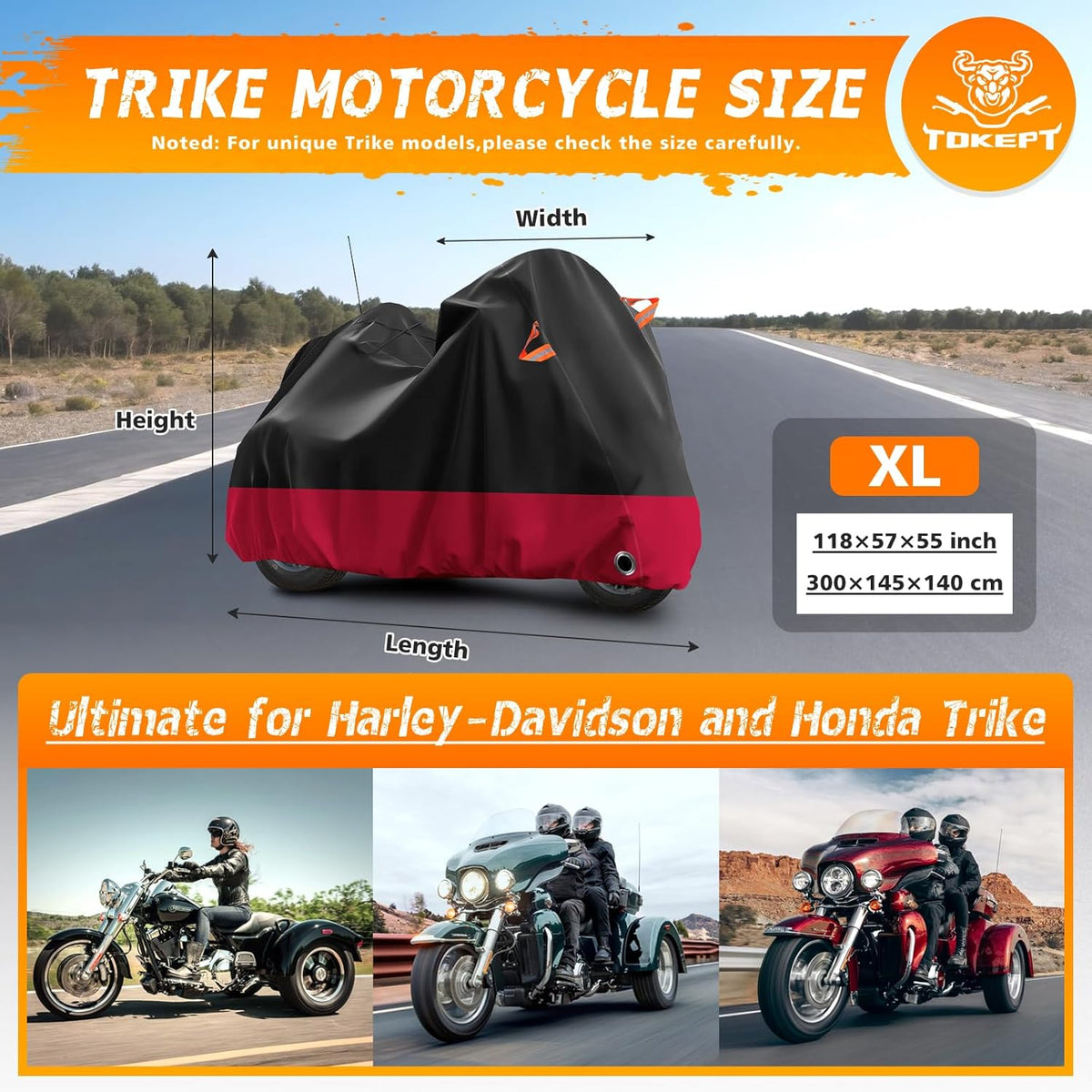 Trike Motorcycle Cover, Outdoor Waterproof Vehicle Cover with Windproof Buckle Reflective Strip for Harley Davidson, Honda Gold Wing, Kawasaki 3 Wheel Motorcycle Accessories (Black&Red)