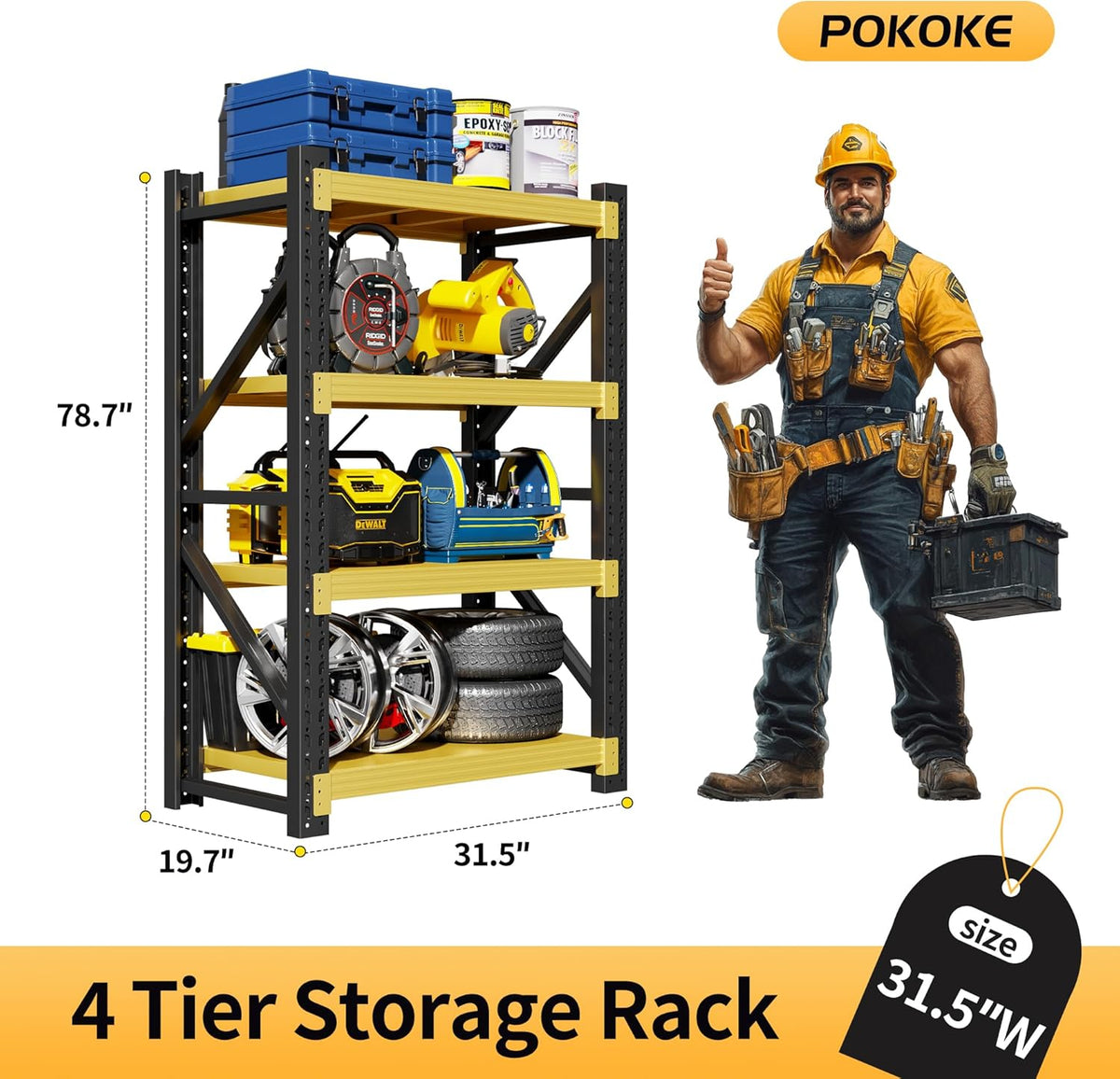 Garage Shelving Unit, 4 Tier Heavy Duty Racks, Easy Assembly, Metal Racks with Adjustable Shelves, 3000 LBS Load Capacity,for Warehouse,Basement (Black&Yellow, 19.7" D x 31.5" W x 78.7" H)