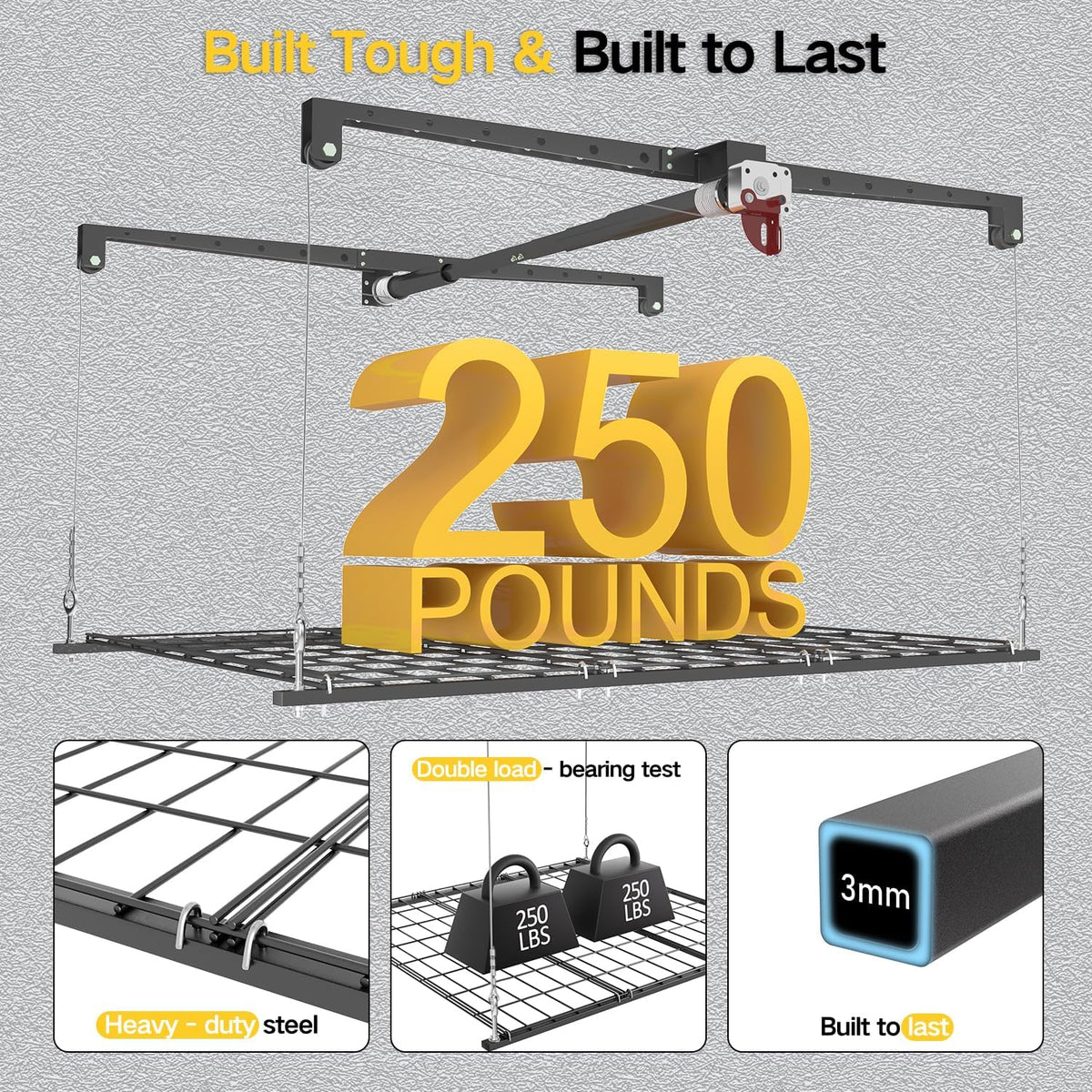 Overhead Garage Storage Rack, 4x4 Ft Adjustable Garage Ceiling Storage Lift, Heavy-Duty Ceiling Mounted Storage Lift System for Garage Organization, 250lbs Weight Capacity
