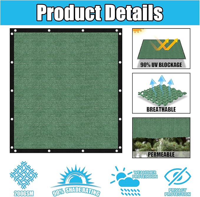 Amagenix 90% Pergola Shade Cover 12' X 12' Sun Shade Cloth with Grommets for Outdoor Garden Patio Porch, Commercial Grade 200 GSM - Cable Zip Ties Included (We Customized) GN108, Green