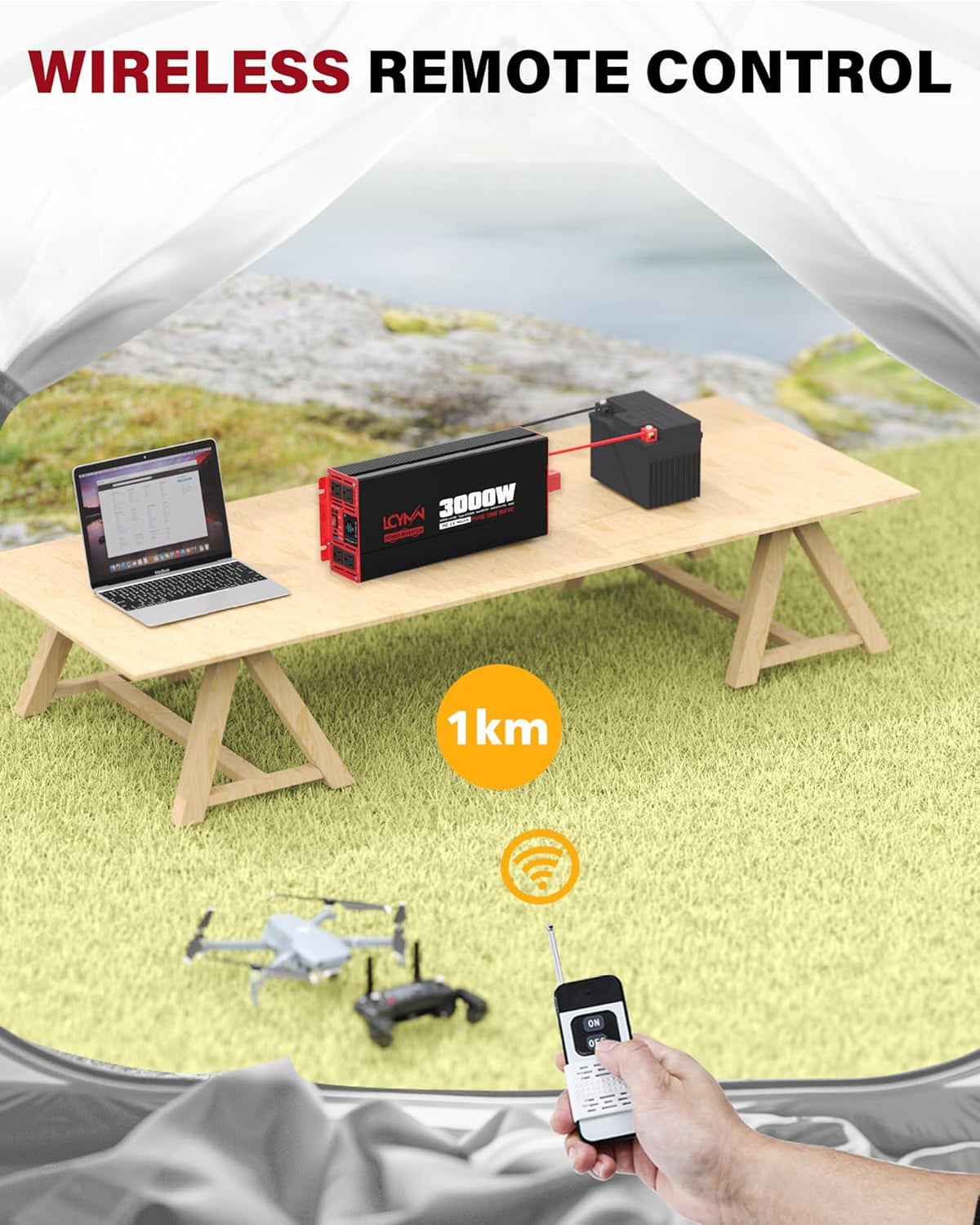 3000 Watts Power Inverter Pure Sine Wave DC 12V to 110V/120V AC 6000W Peak Inverters with 4 AC Outlets Type-C PD30W QC3.0 USB Fast Charging Port Remote Control and LCD Display Solar Off-Grid Converter