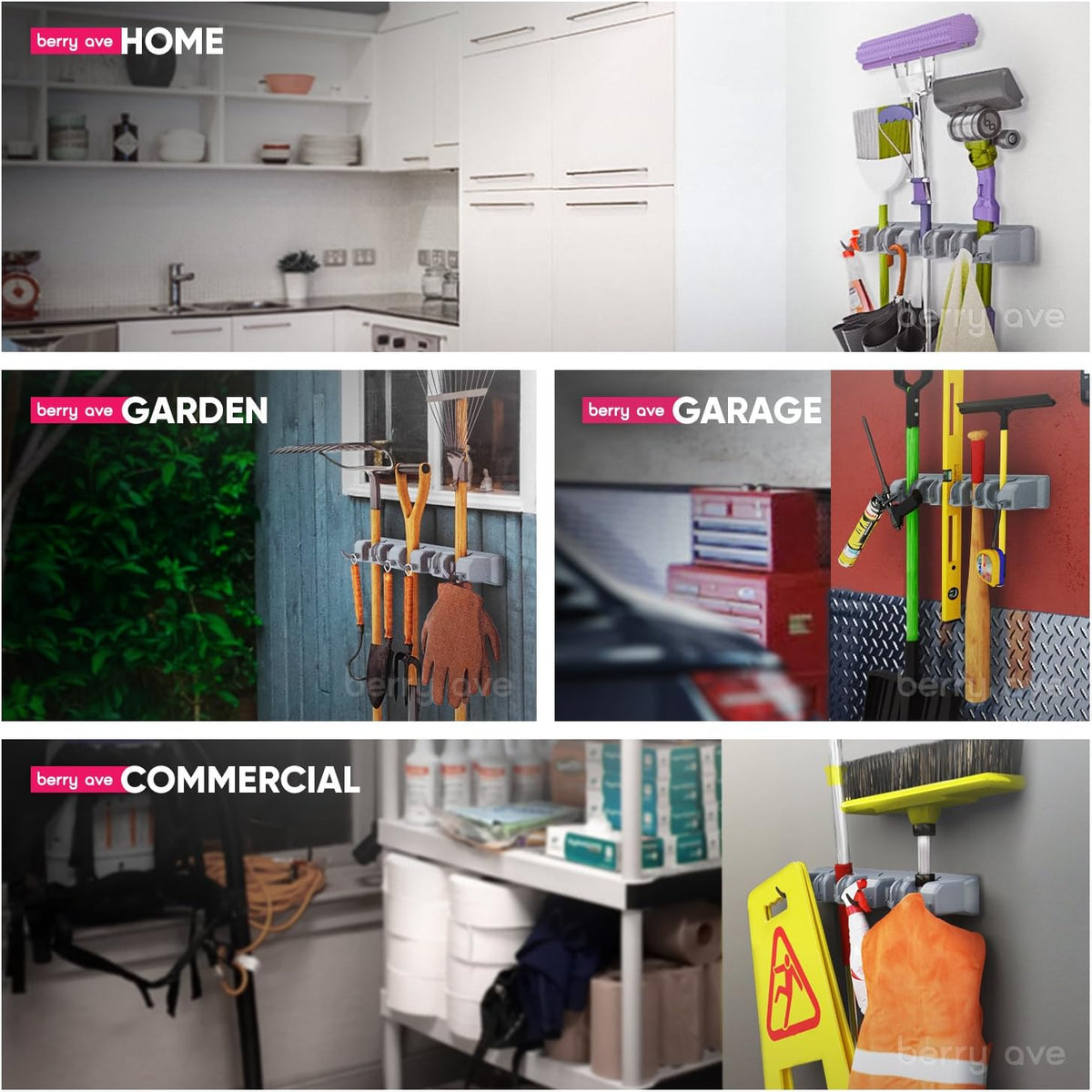 Berry Ave Broom Holder Wall Mount and Garden Tool Organizer, Closet Storage, Kitchen Rack, Home Organization and Garage Organizer for Rake or Mop Handles Up to 1.25-Inches, Hanger Plus 6 Hooks (Grey)
