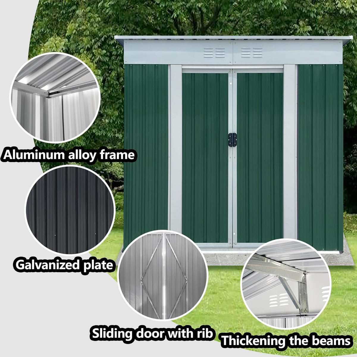6x4 FT Outdoor Storage Shed with Sloping Roof, Waterproof Metal Garden Sheds w/Lockable Sliding Doors and Vents, Weather Resistant Tool Storage House for Backyard, Patio, Lawn, Green