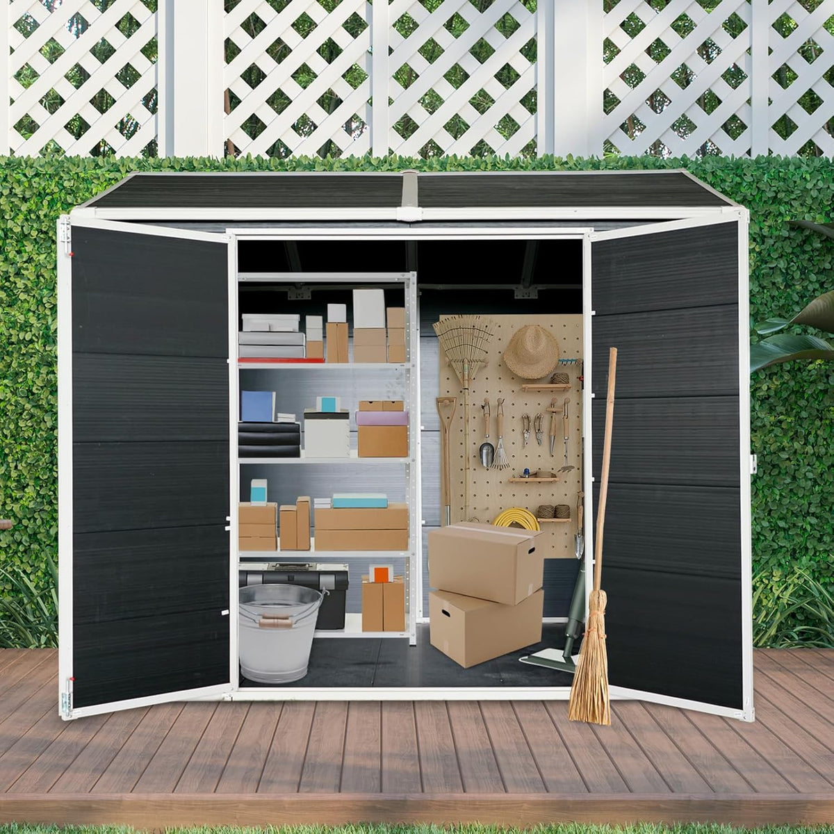 8x6 FT Outdoor Storage Resin Shed with Floor,Waterproof Plastic Garden Bike Shed with Lockable Door, Sloped Roof, Vents & Windows, Easy Assembly Tool Shed for Lawn, Backyard, Patio, Black
