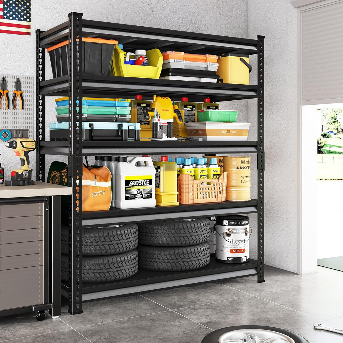 48" W Garage Shelving Heavy Duty, 2800LBS Loads Adjustable Garage Storage Shelves, 5-Tier Metal Shelving Units and Storage Racks, Industrial Utility Shelf,48" Wx18 Dx78 H, Black