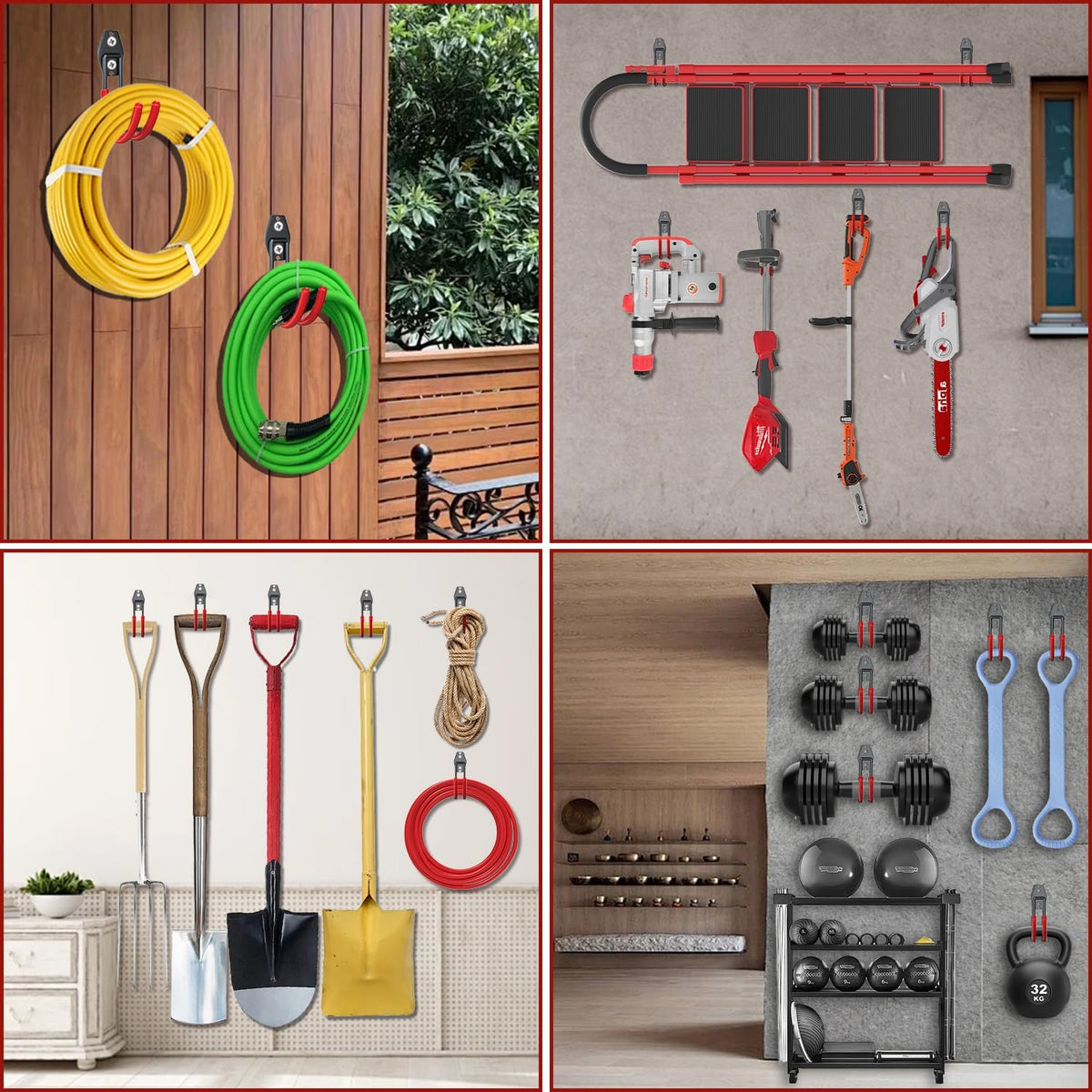 3-H Large Garden Hose Holder Wall Mount 4 Pack,Solid Steel Hose Hanger,Water Hose Holders for Outside,Perfect for Hanging Outdoor Air Hose,Ropes,Pipes,Garden Tools,Ladders,Bikes,Bulk Items(Red)