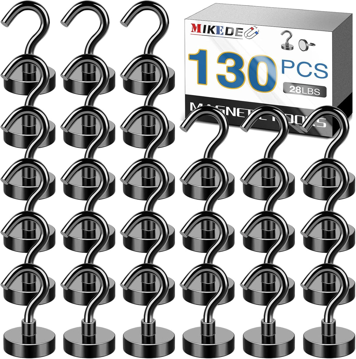 MIKEDE Black Magnetic Hooks Heavy Duty, 28Lbs+ Strong Neodymium Magnets with Metal Hooks for Refrigerator,Super Cruise Hooks for Hanging, Kitchen, Storage - Pack of 130